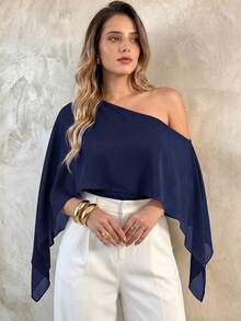 Elegantrix Women's Plus Size Spring Summer Autumn Minimalist Elegant French Style Commute Date Asymmetric Hem Waist-Cinching Asymmetric Neck Cape Top - Royal Blue - View 3