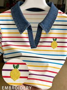 Franclia 女款彩色條紋對比領檸檬刺繡修身短袖 Polo 上衣 - 彩色 - 查看 1