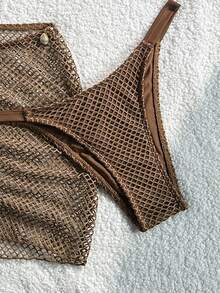 Swim SXY 針織提花面料掛脖繫帶金屬吊墜比基尼上衣與迷你裙 3 件套 - 棕色 - 查看 7