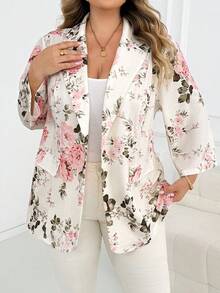 SHEIN CURVE+ 大尺碼女款薄款西裝外套，適合四季商務休閒女裝外套西裝外套，花卉印花花卉西裝外套，秋冬適用 - 彩色 - 查看 7