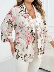SHEIN CURVE+ 大尺碼女款薄款西裝外套，適合四季商務休閒女裝外套西裝外套，花卉印花花卉西裝外套，秋冬適用 - 彩色 - 查看 8