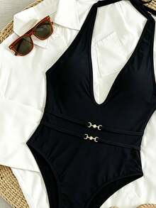 Swim SXY Swim Basics 素色深V掛脖綁繩珍珠扣撞色飾邊休閒沙灘比基尼套裝 女款兩件式泳衣 - 黑色 - 查看 4
