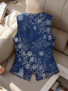 GlowEve Women's V-Neck Floral Pattern Casual Versatile Daily Wear Denim Jacket - Blue - View 2