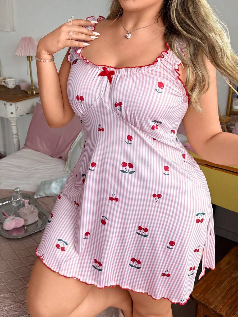 Slumberry CURVE Plus Size Sweet Casual Comfortable Knit Striped Cherry Print Ruffle Hem Nightgown - Purple - View 1