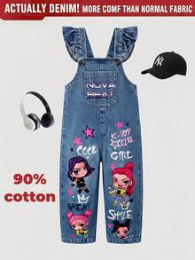 SHEIN Vintaside Kids 1件女嬰藍色牛仔休閒可愛刺繡花卉吊帶褲連身衣，適合外出與派對 - 淺藍色 - 查看 2