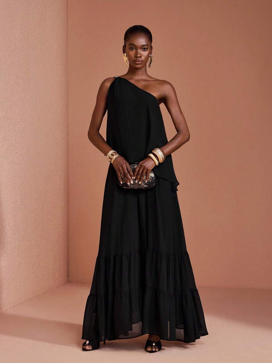 JIAN LASALA Black Chiffon One Shoulder Ruffle Hem Uneven Sleeveless Long Dress Party Vacation - Black - View 1
