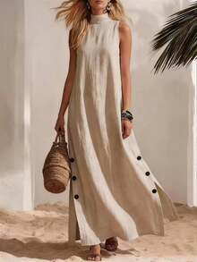 Everyssa Summer Casual Solid Color Linen Sleeveless Side Slit Dress, Beach Vacation Minimalist Style, Fashionable Versatile - Khaki - View 3