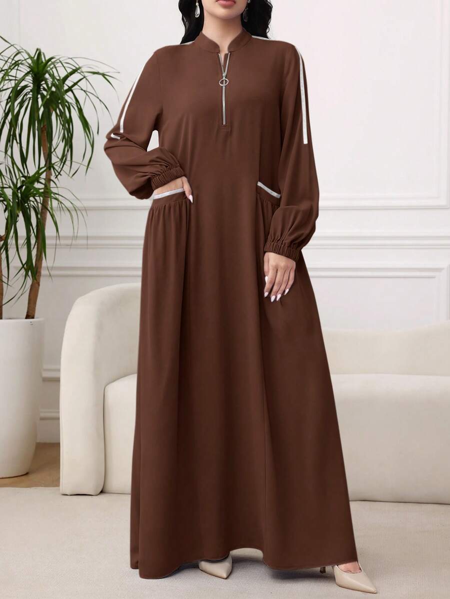 Al Najma Women Spring Autumn Elegant Modest Casual Brown Stand Collar Front Zipper Pocket Lantern Sleeve Flare Hem Big Swing Dress - Coffee Brown - View 1