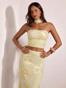 Opulessa Women's Elegant Romantic Tropical Sexy Exquisite Embroidered Halter Top And Maxi Skirt 2 Pieces Set Wedding Pale Yellow Summer Garden Party Vacation - Apricot - View 7