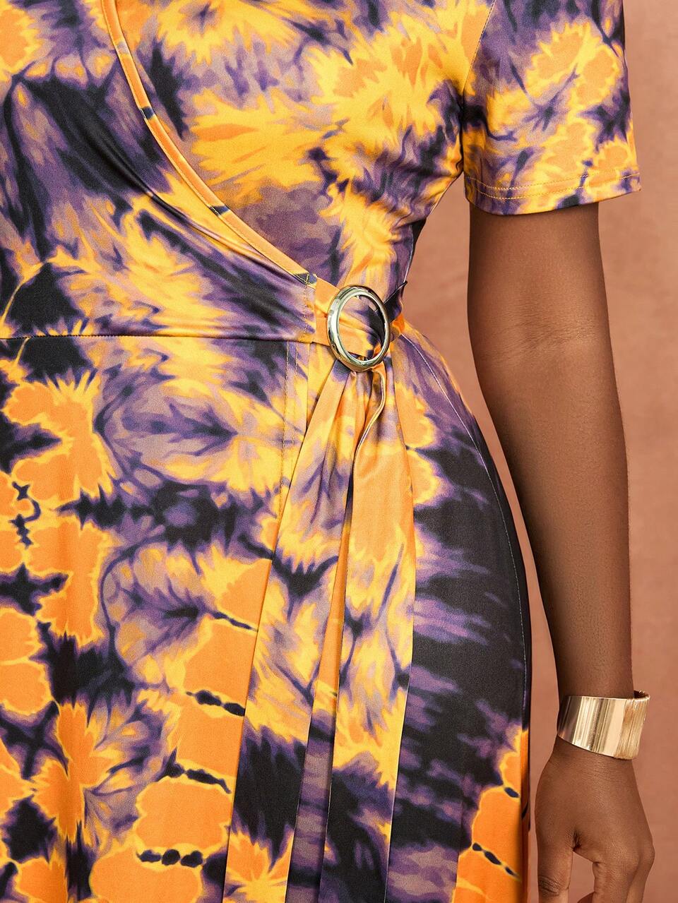 Plus Size Women's Summer Casual Vacation Tie-Dye Print Orange Short Sleeve Dress