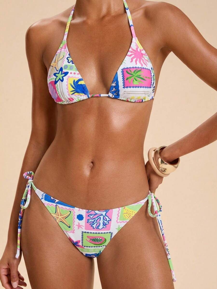 Travachic 女款夏季海灘海星印花掛脖綁帶性感時尚比基尼兩件式泳衣套裝 - 彩色 - 查看 1