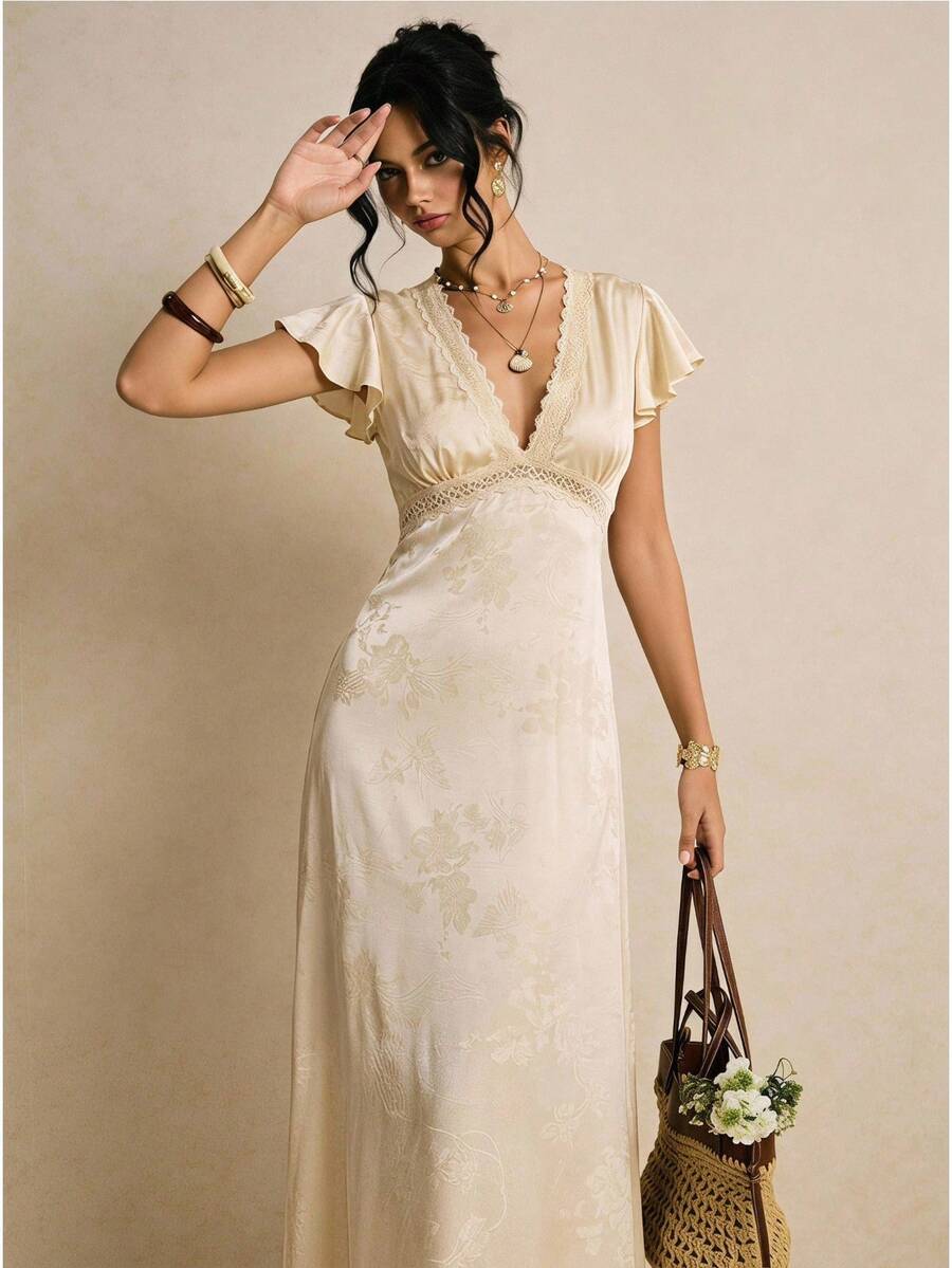 Poéselle 女款花卉印花深V領蕾絲飾邊休閒派對洋裝