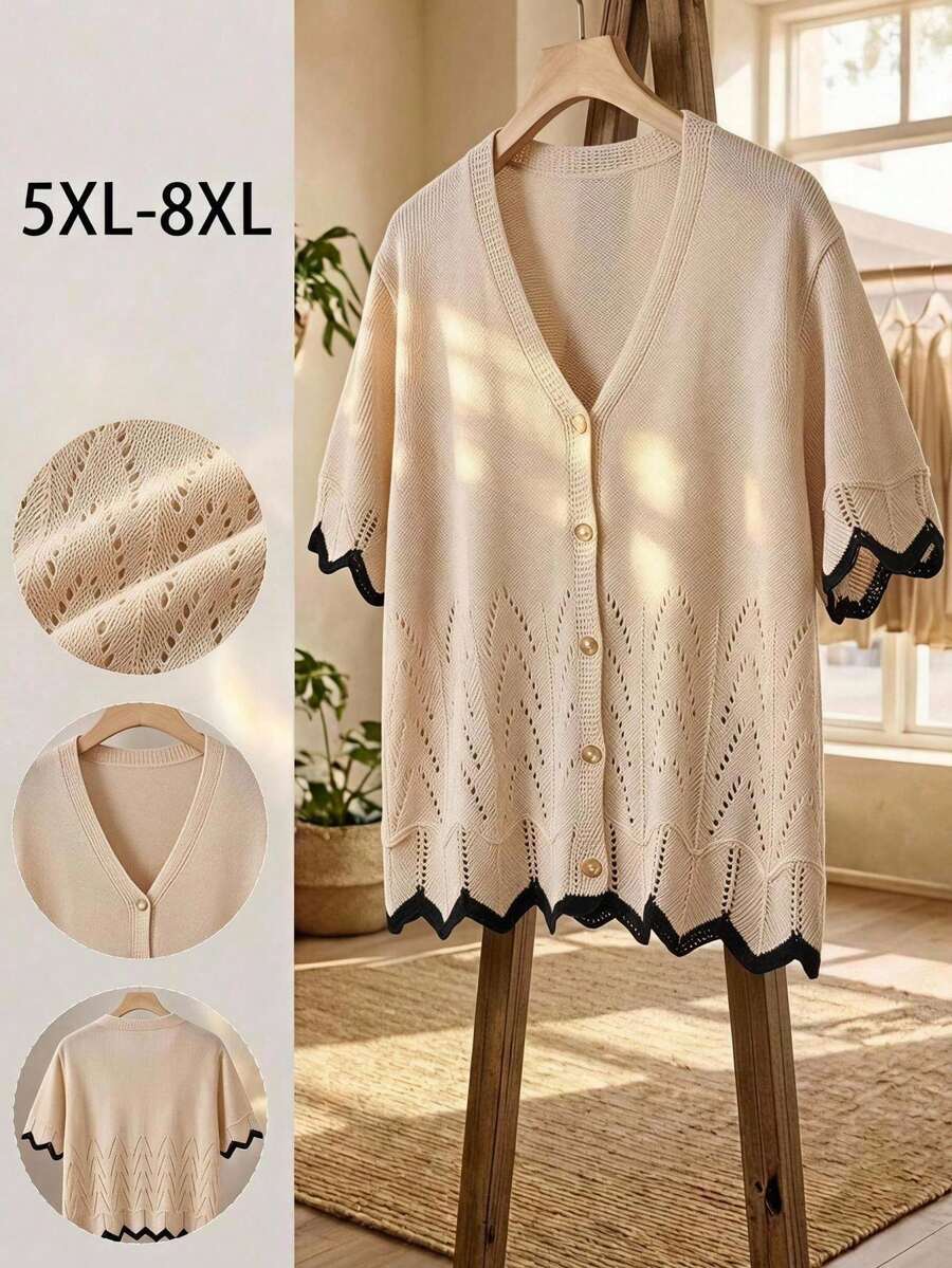 SHEIN CURVE+ 大尺碼 V 領單排扣休閒優雅開襟衫,休閒穿搭,2026 秋冬 22W - 杏色 - 查看 1