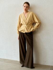 MOTF PREMIUM WOMEN'S SPRING/AUTUMN FASHION COMMUTER SURPLICE NECK LANTERN SLEEVE BUBBLE PEPLUM HEM TOP OFFICE CREAM ELEGANT - Apricot - View 3