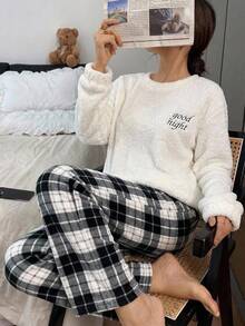 SHEIN 青少年女孩寬鬆休閒極簡舒適圓領長袖抓絨秋季上衣與格紋長褲睡衣套裝 - 黑與白 - 查看 9