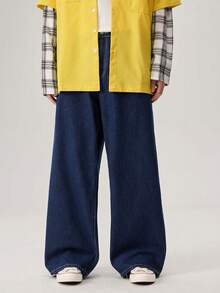 Men's Casual Everyday Letter Print Loose Wide-Leg Jeans - Medium Wash - View 4