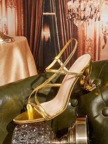 CUCCOO TILAWA Cross-Strapped High-Heeled Sandals, Special-Shaped Heel Design, Versatile Banquet Women's Shoes With Temperament, Fashionable Party Wear - Gold - View 2