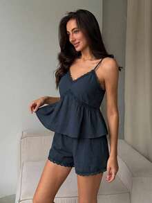 DAZY 2pcs Lace Patchwork Sleeveless Camisole & Short Pajama Pants Set, Summer Women's Sleepwear - Navy Blue - View 7