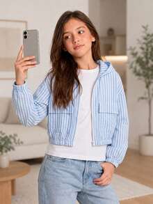 Jaket Pendek Berkerudung Lengan Panjang Motif Garis Vertikal Biru Putih Segar untuk Anak Perempuan Remaja, Potongan Longgar, Musim Gugur, Kembali ke Sekolah, Kasual Lucu Gaya Preppy, Crop Top, Pelajar - Biru - View 4