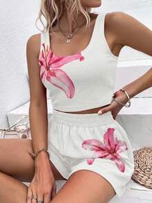 SHEIN Holidaya 女款花卉印花上衣與鬆緊腰短褲休閒日常兩件套 - 白色 - 查看 5