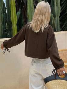 Livesso Top de mujer de algodón color marrón liso con cuello en V, mangas farol, lazo anudado, corto y holgado, estilo denim, para verano y otoño - Café integral - Ver 2