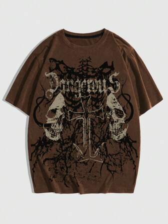 Goth Camiseta casual de manga corta con cuello redondo, estampado de letras y calavera, estilo de los años 2000 para hombres