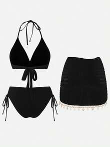Swim Oasis 2026新款春夏女士三件套泳衣（泳裤+泳裙），特殊面料沙滩度假优雅休闲泳装套装 - 黑色 - 查看 2