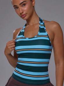 Musera Sport Striped Scoop Neck Fitted Open Back Soft Touch Active Fitted Top Coord Top Only Sport Workout Gym Cute Pilates Fitness Daily - Navy Blue - View 2