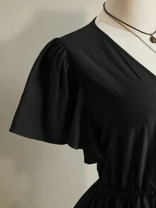 SHEIN ICON 女款大尺碼簡約休閒傳統百搭綁帶優雅洋裝，黑色夏季度假早午餐正式場合適用 - 黑色 - 查看 7