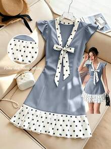 Franclia Women's Polka Dot V-Neck Bow Decor Casual Daily Dress - Blue - View 4