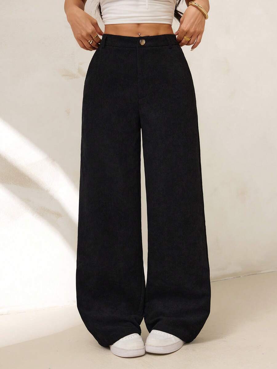 SHEIN PETITE Casual Versatile Solid Color Straight Leg Corduroy Pants Work Plain Black Autumn - Black - View 1