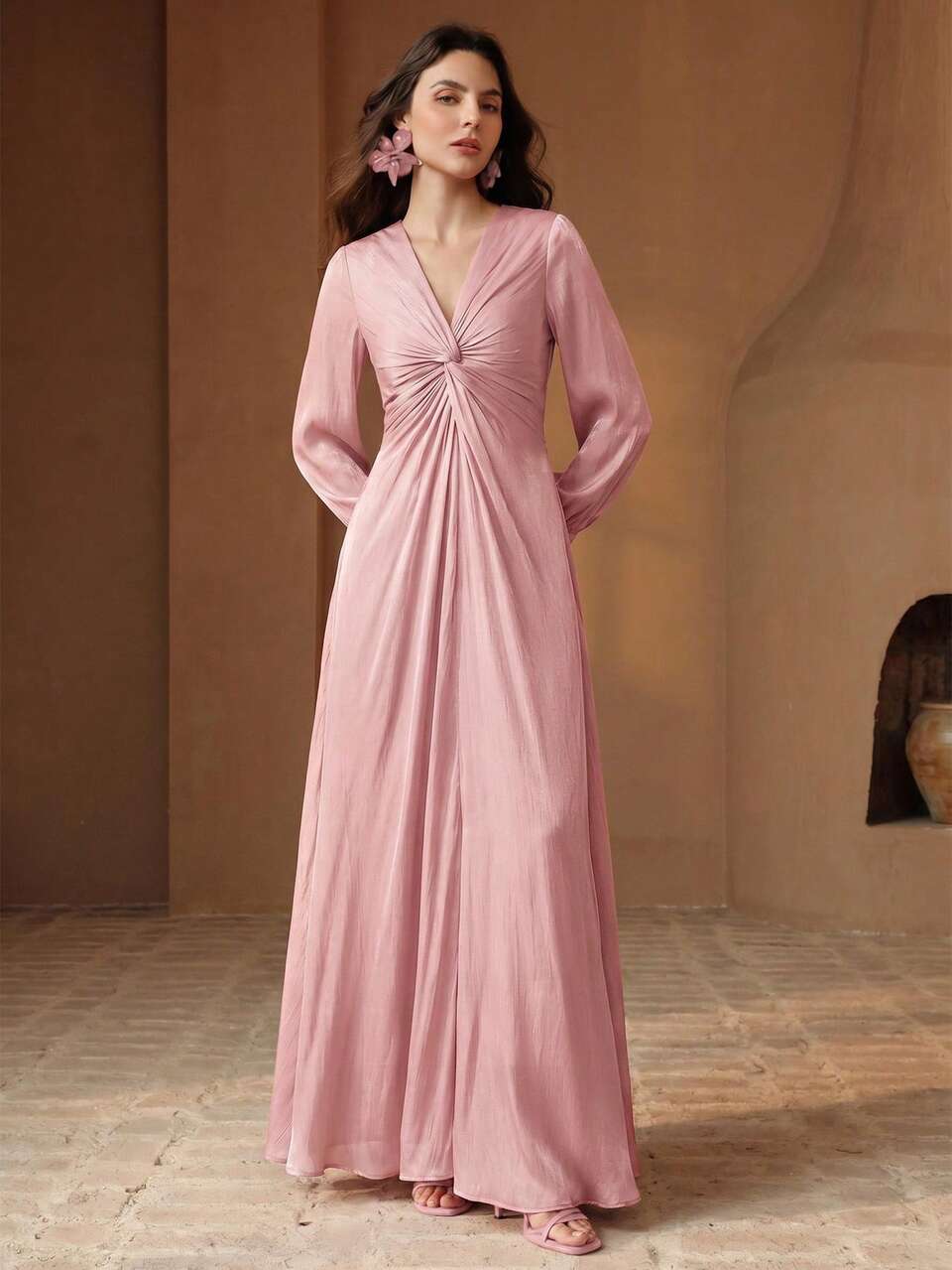 Anewsta Women's Elegant Elegant Twist Design Long Sleeve Semi-Transparent Pink Midi Dress