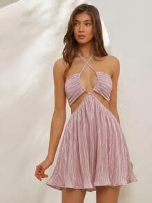 L'Amorae Women's Elegant Sexy Pleated Satin Halter Criss Cross Cut Out Flowy Floral Print, Chic, Fall, Autumn, Summer, Beach, Vacation, Holiday - Pink - View 1