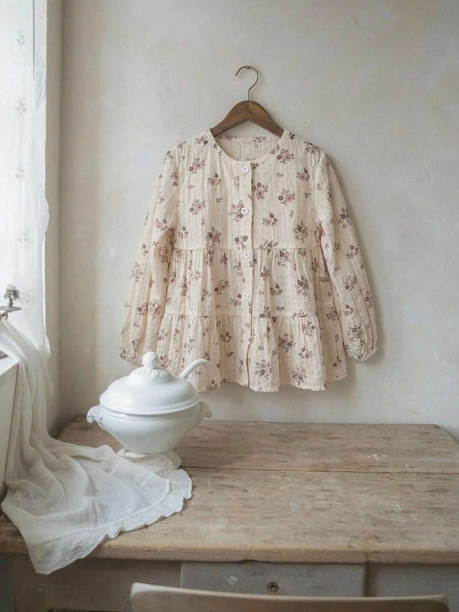 DAZY Blusa de cuello redondo con estampado floral lindo de manga larga para otoño para niñas jóvenes - Beis - Ver 1