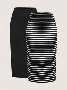 SHEIN LUNE 休閒基礎款女款秋季純色黑黑白兩件式裙裝套裝，適合上班通勤 - 彩色 - 查看 2