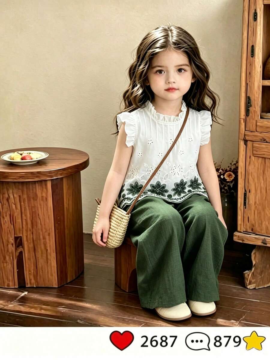 SHEIN Elladie kids 2件組女童夏季新款小圓領露背水滴藍蝴蝶結仿刺繡印花布料荷葉袖前綴蝴蝶結裝飾上衣休閒直筒短褲簡約復古時尚套裝 - 軍綠色 - 查看 1