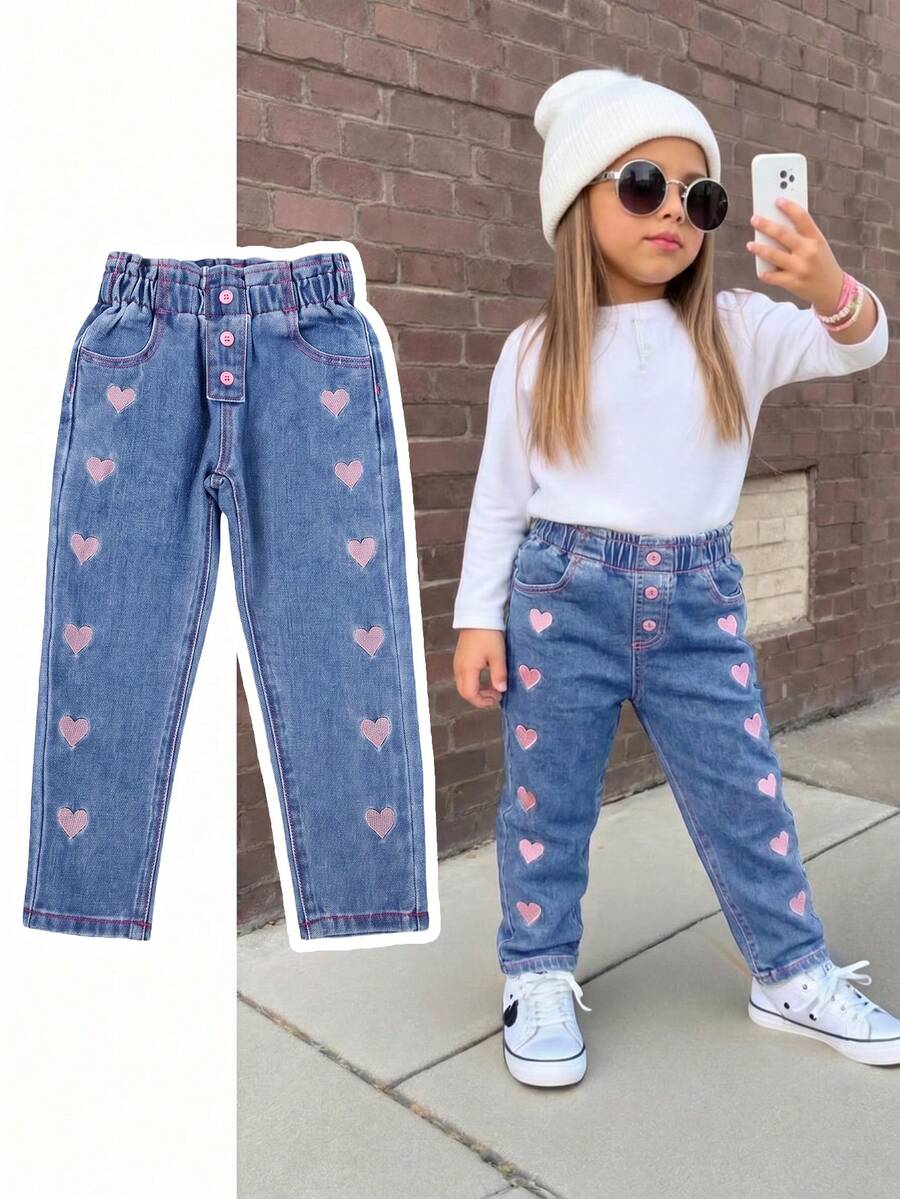 SHEIN Girls' Personalized Versatile Comfortable Casual Vacation Fashion Street Style Washed Soft Cute Colorful Embroidered Bud Waist Long Pants Thin Summer