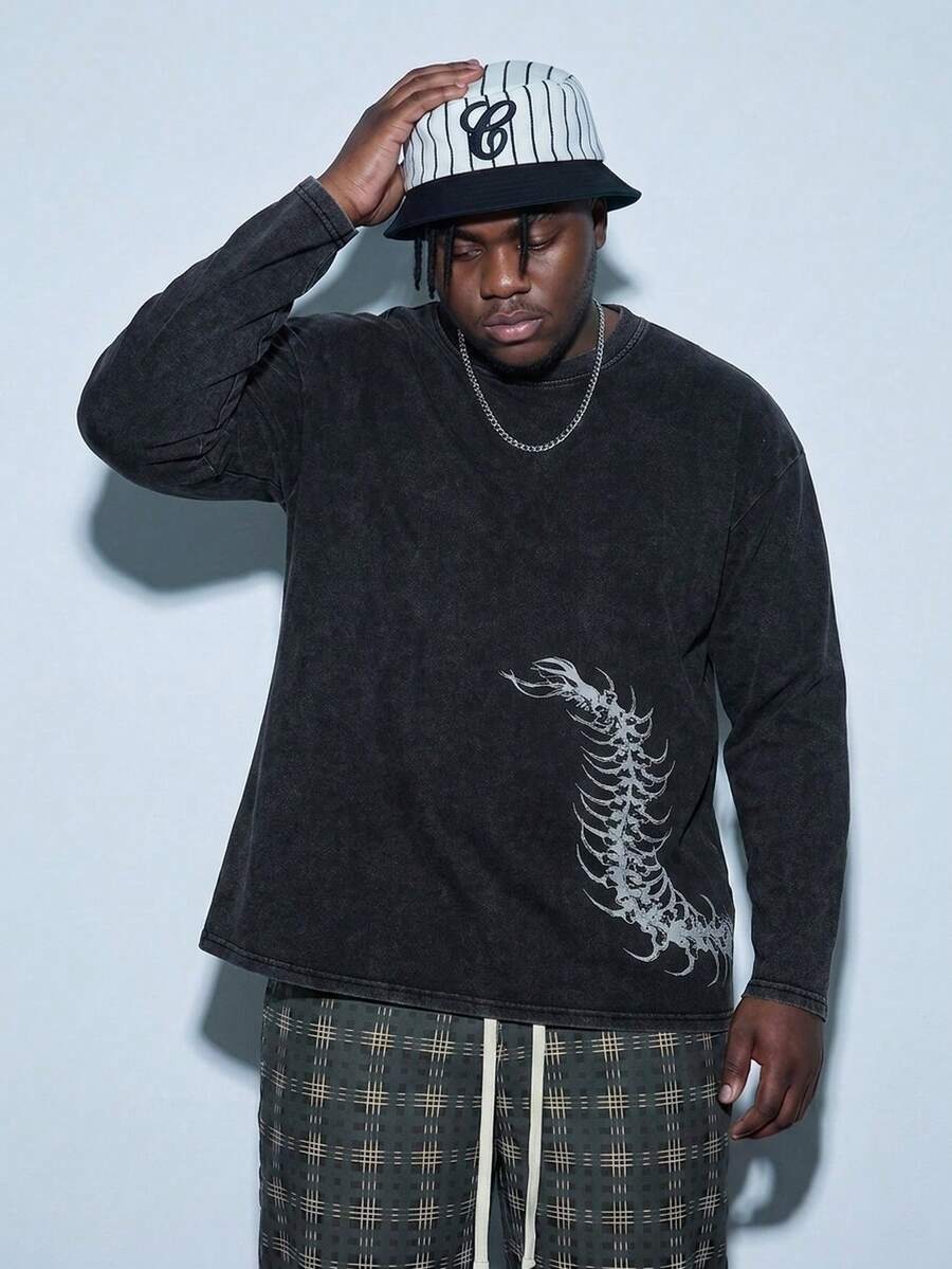 Modcrash Vintage Poster Design Plus Size Washable Long Sleeve T-Shirt For Men - Black - View 1