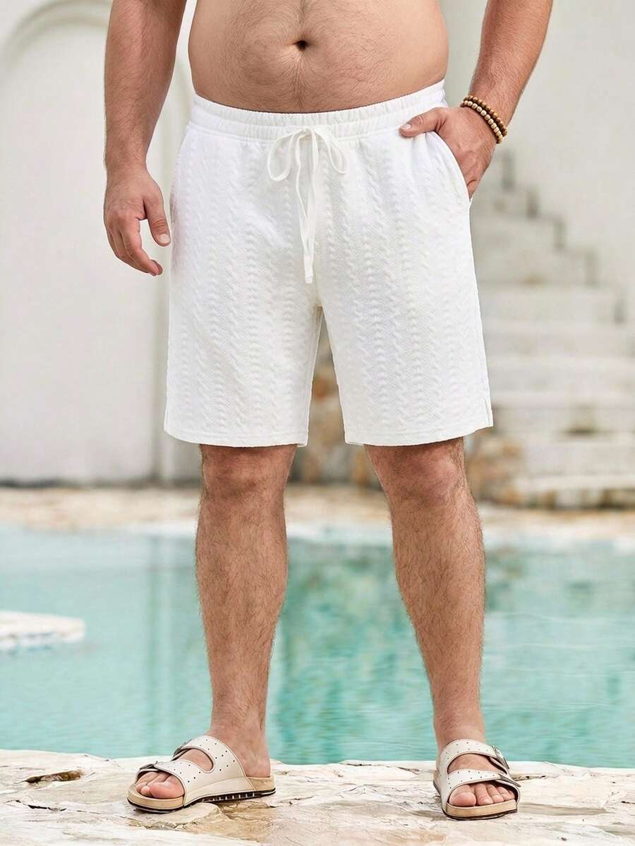 Mercer Haus Plus Size Men's Summer Casual Beach Vacation Drawstring Waist Pocketed Textured Shorts - White - View 1