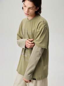Vaulklash 男士针织时尚休闲日常棉质时尚都市英文字母印花拼接宽松长袖 T 恤，90 年代风格，适合朋友、夏季、秋季 - 軍綠色 - 查看 7