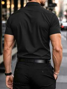 Manfinity Mode 男士海軍藍鈕扣短袖休閒正式襯衫，日常穿著 - 黑色 - 查看 2