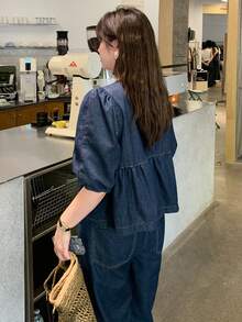 Dazy Plus Dark Washed Blue Puff Sleeve Loose Top & Casual Long Denim Pants Plus Size Women's Vacation Style Denim Set, Spring/Summer - Dark Wash - View 9