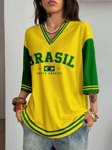 Coolane 休闲简约运动风绿黄撞色字母印花网眼女式T恤，适合夏季及运动季穿着。 - 彩色 - 查看 6