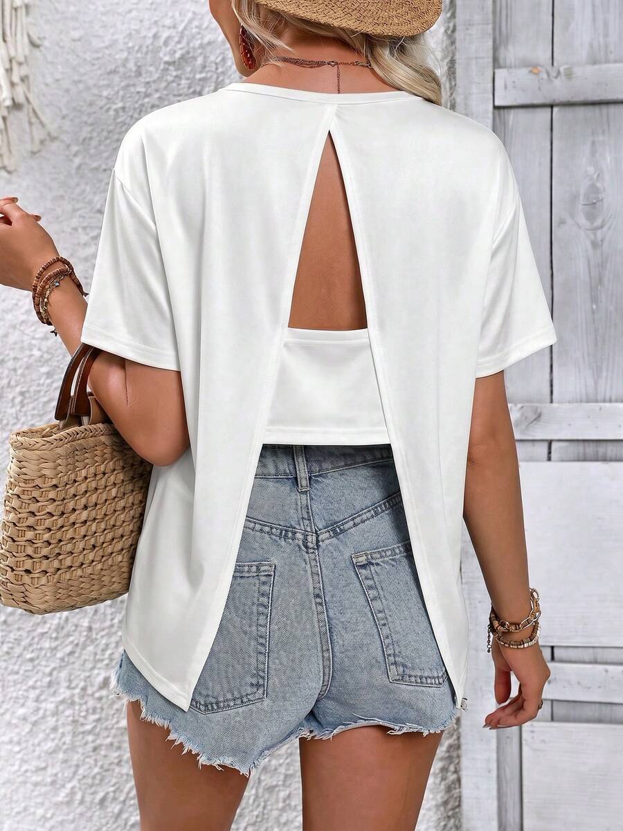 Breezaya Women's Back Split Floral Print Round Neck Short Sleeve T-Shirt - White - View 1