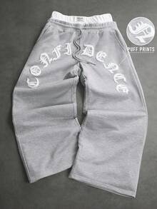 SLATEMANN Men's Letter Embossed Drawstring Waist Loose Wide Leg Sweatpants - Grey - View 1