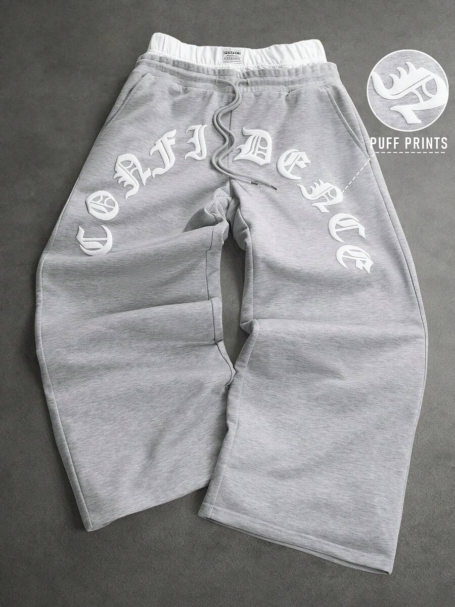 SLATEMANN Men's Letter Embossed Drawstring Waist Loose Wide Leg Sweatpants - Grey - View 1