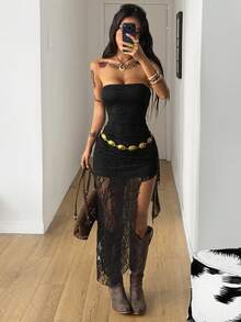 Coolane Women's Summer Streetwear Y2K Chic Date Night Vacation Music Festival  Lace Concert Sleeveless Asymmetrical 34%Cotton Dress,Black For Women - Black - View 4