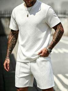 EGENSIO Men's Comfortable Crew Neck Short Sleeve T-Shirt Set, With Drawstring Elastic Waist Design, Jacquard Fabric, Suitable For Vacation, Party, Gathering - White - View 1