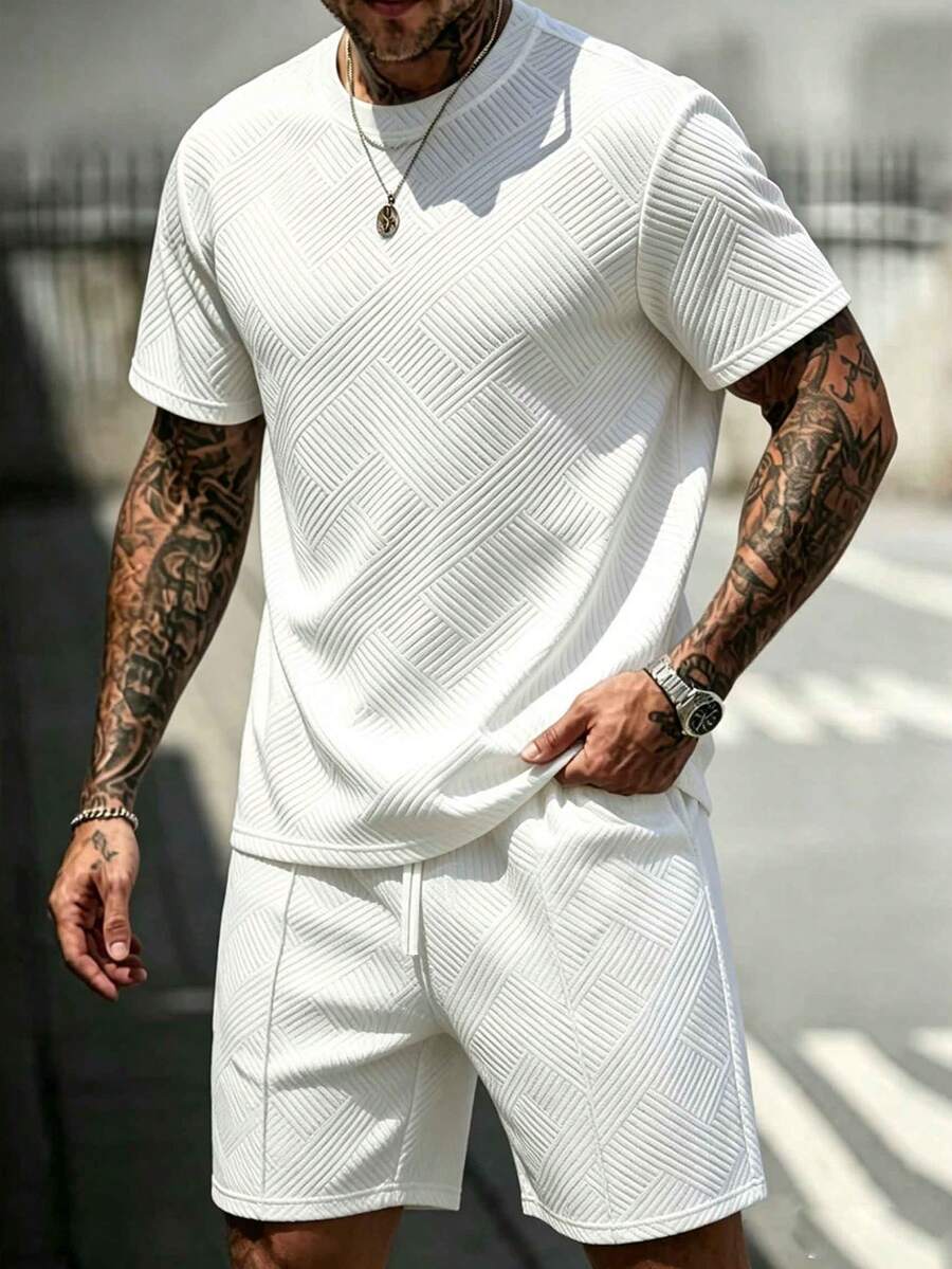 EGENSIO Men's Comfortable Crew Neck Short Sleeve T-Shirt Set, With Drawstring Elastic Waist Design, Jacquard Fabric, Suitable For Vacation, Party, Gathering - White - View 1