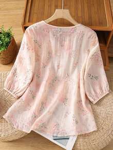 SHEIN Franclia 夏季女款花卉寬鬆青春風襯衫 - 粉色 - 查看 2